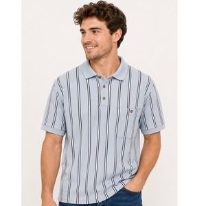 Vintage Haband Casual Joe Mens Med Blue Striped‎ Short Sleeve Polo Shirt Pocket